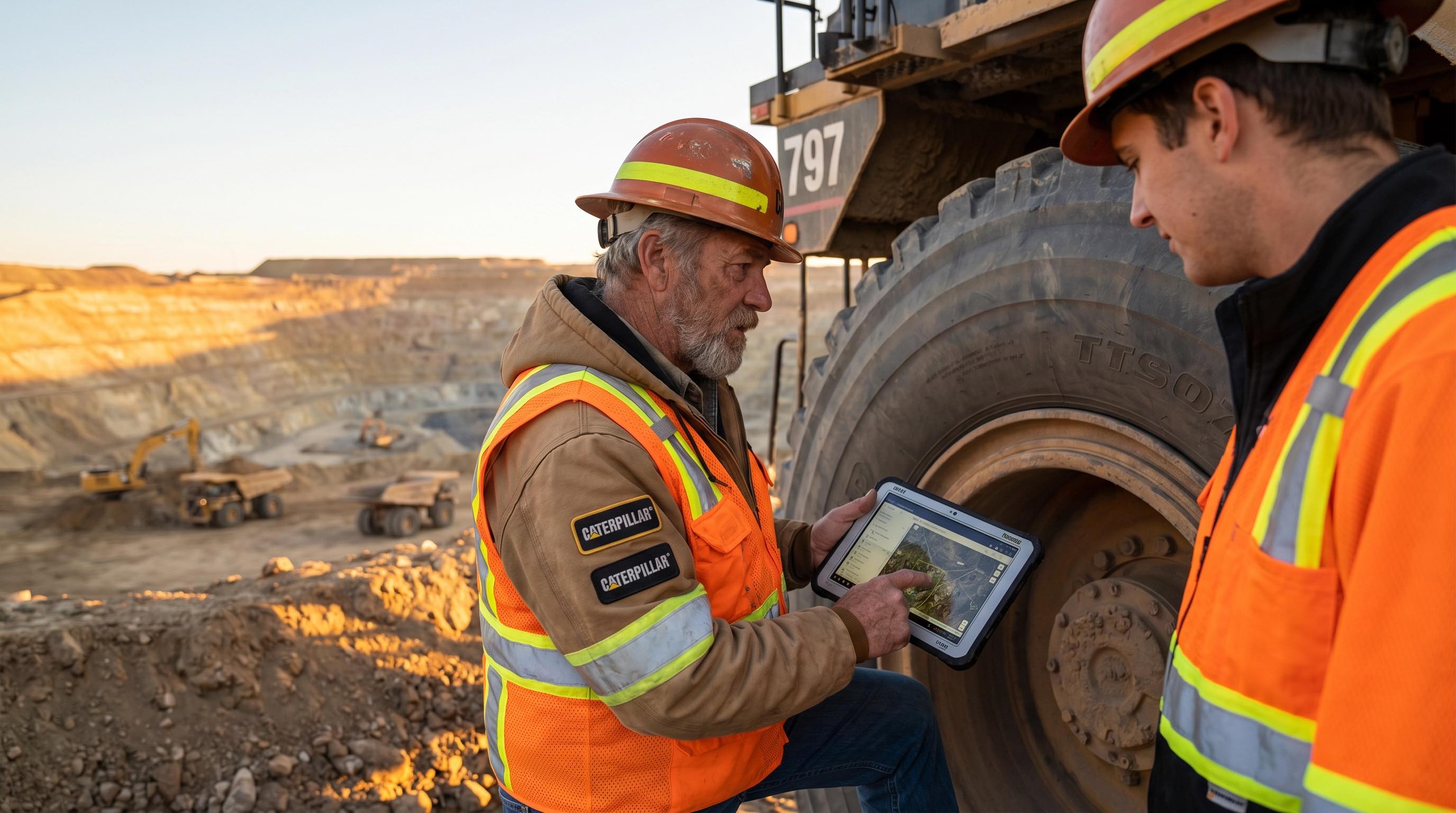Veteran mining operator sharing knowledge with a younger apprentice
