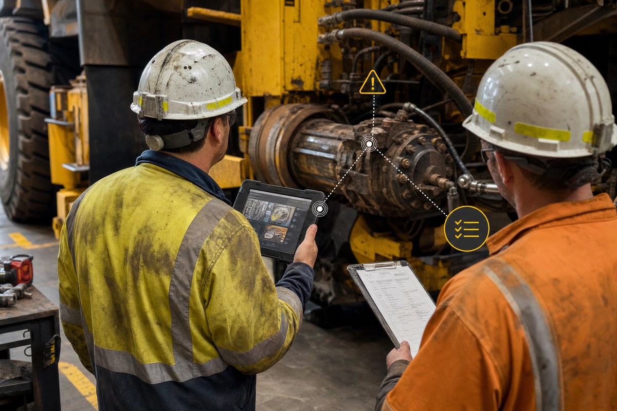 Supervisor reviewing workaround notes beside heavy equipment