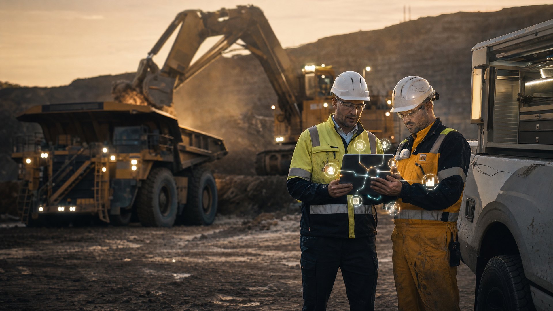 Mine supervisor reviewing connected asset data on tablet