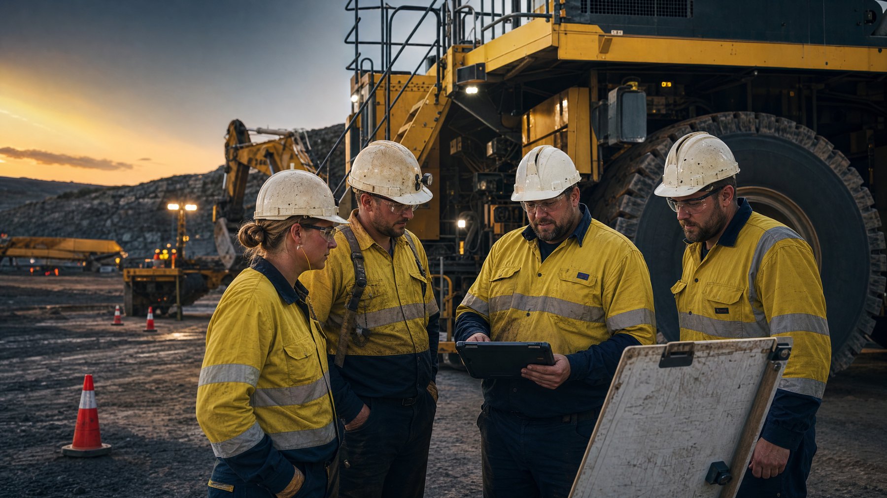 Shift crew reviewing handover notes beside heavy equipment