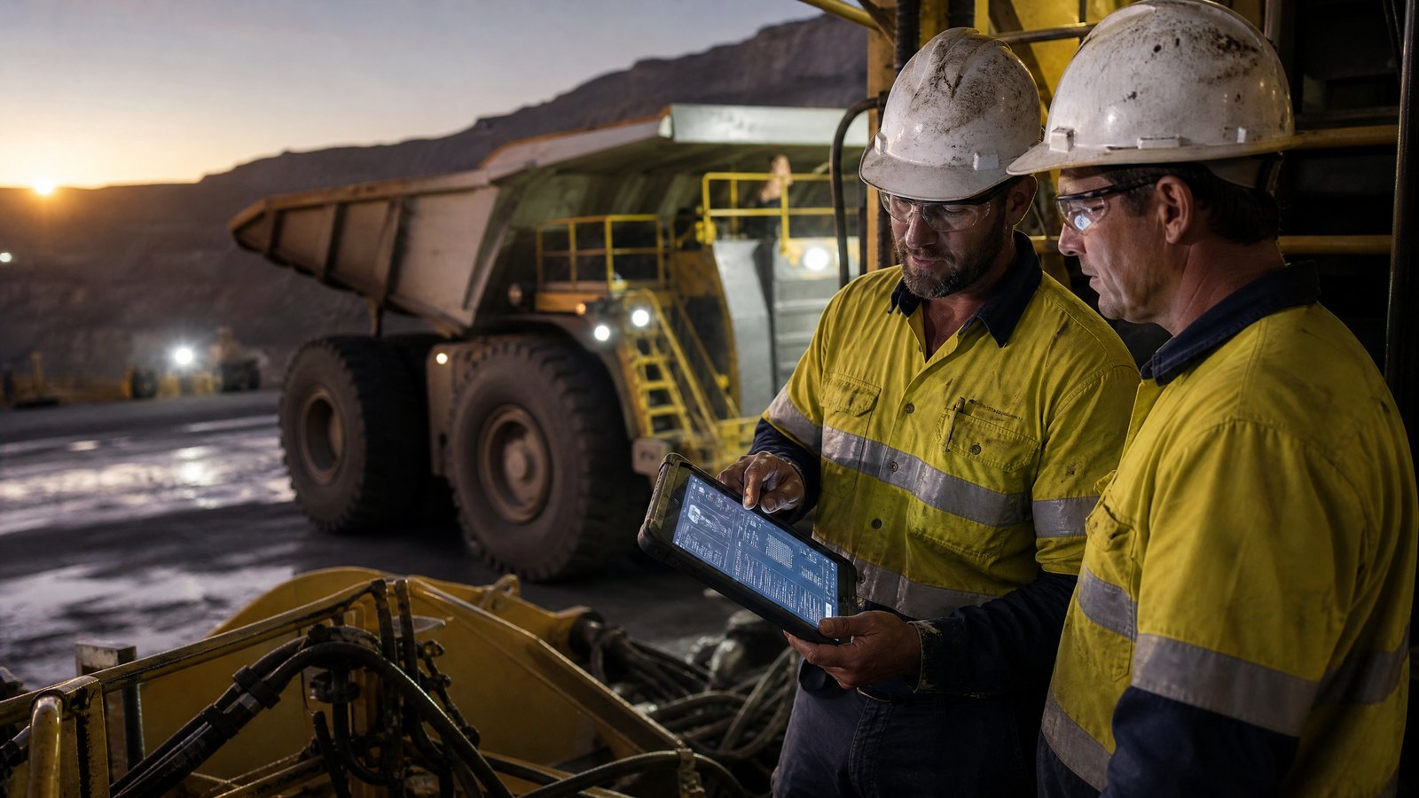 Mine supervisor verifying AI source evidence beside haul truck controls