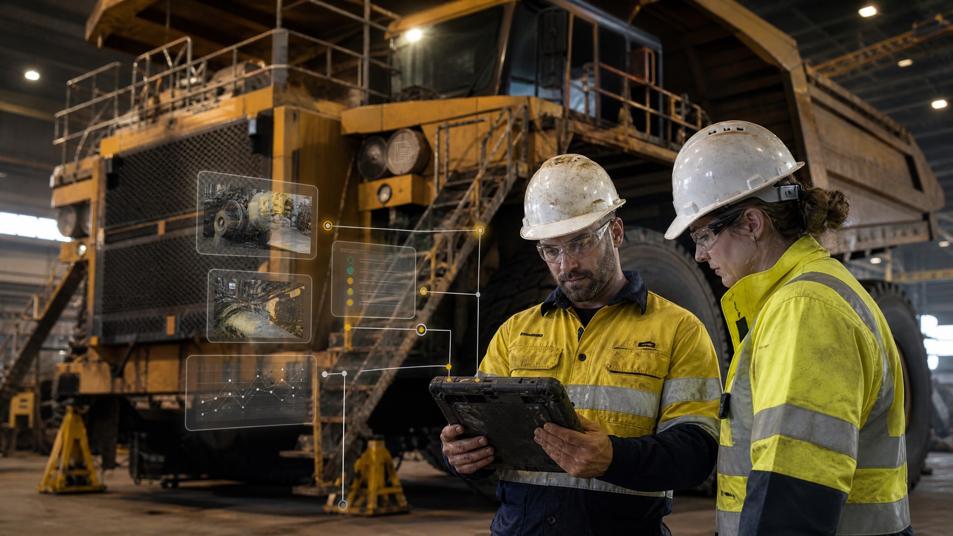 Maintenance supervisor reviewing asset event history beside a mining excavator