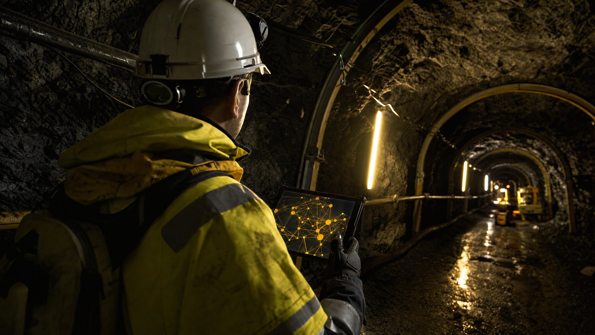 Miner in hi-vis reviewing a secure knowledge network on a tablet