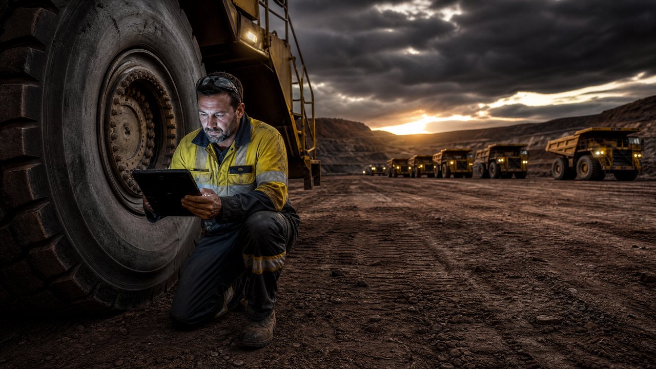Mining mechanic in high-visibility workwear using a tablet beside a large haul truck at dusk on an open-cut mine site