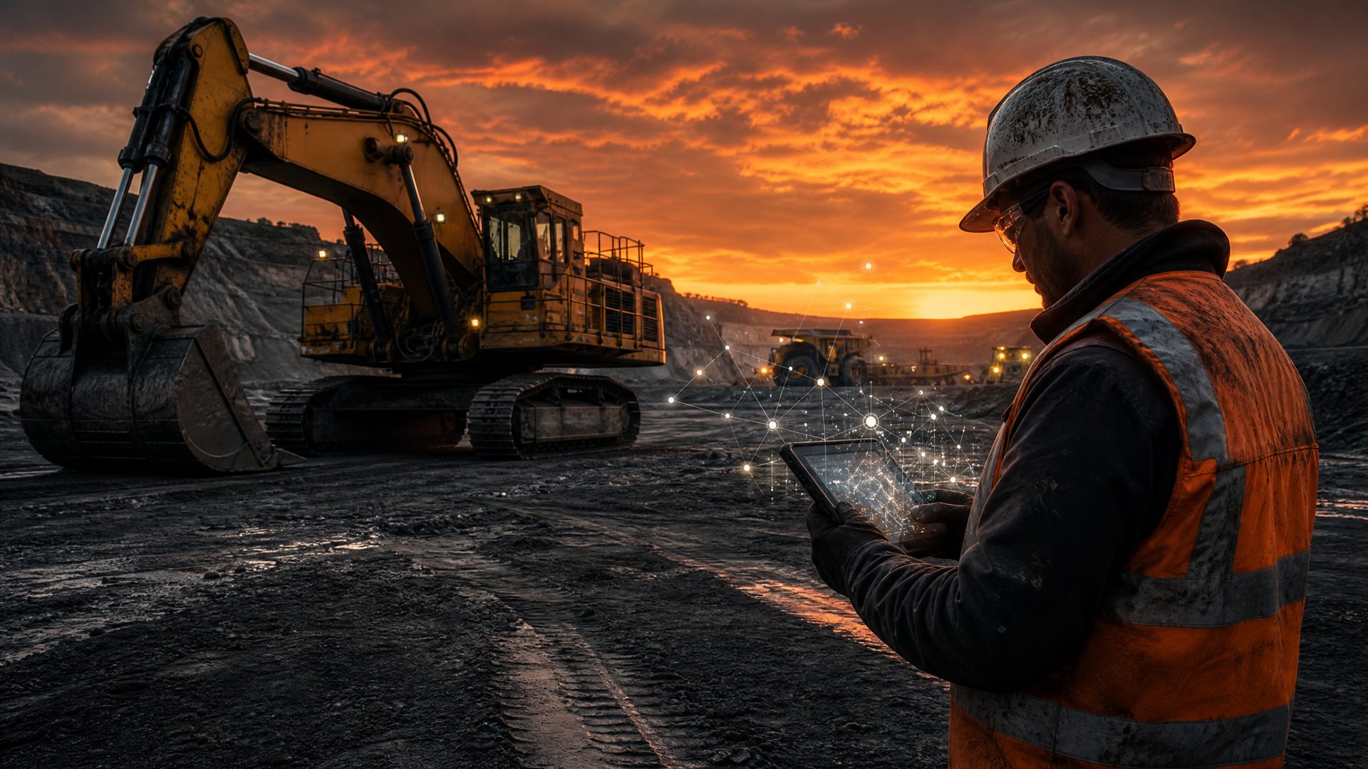 Mine site worker in high-visibility vest consulting a tablet with connected knowledge network data, large excavator in background at dusk