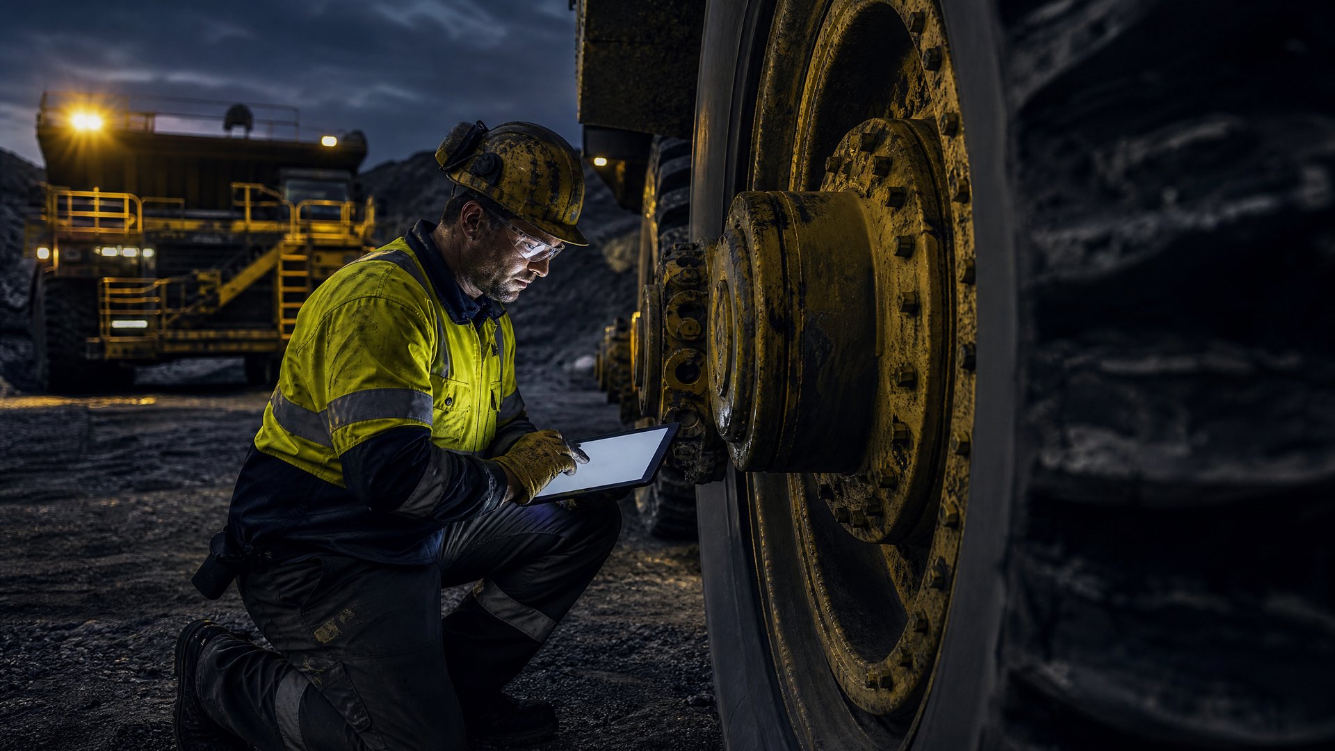Site maintenance technician using a tablet beside a haul truck at dusk