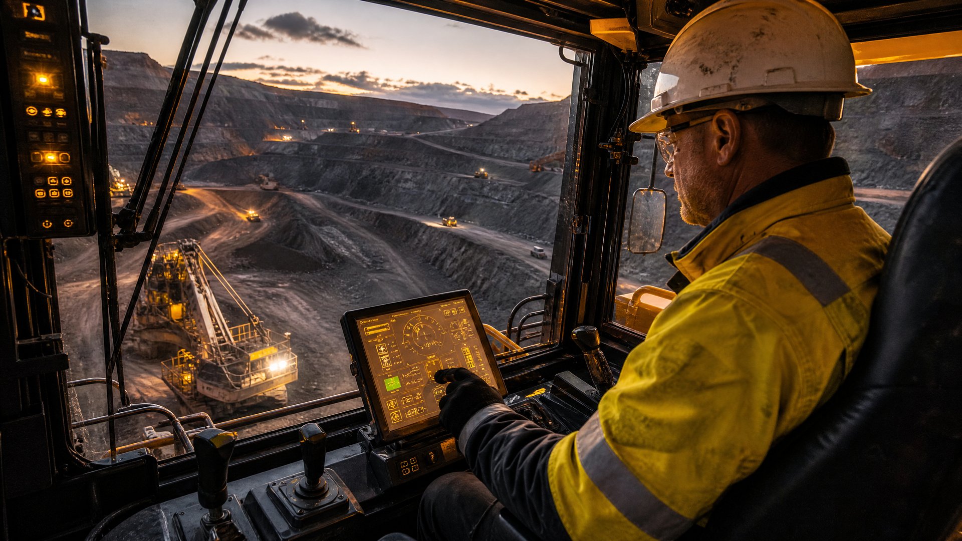 Mining excavator operator accessing knowledge on a rugged tablet inside the cab, with an open-cut mine pit visible at dusk through the cab windows.