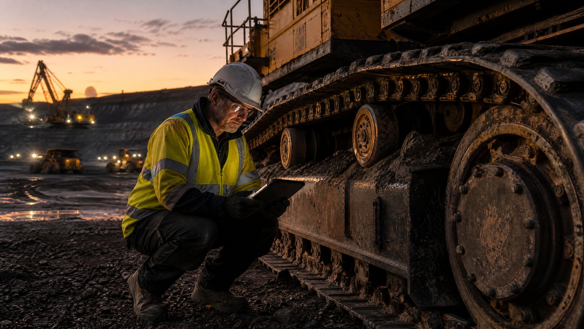Mine site mechanic in PPE using a tablet to document maintenance observations beside a large excavator at dusk in an open-cut mining pit