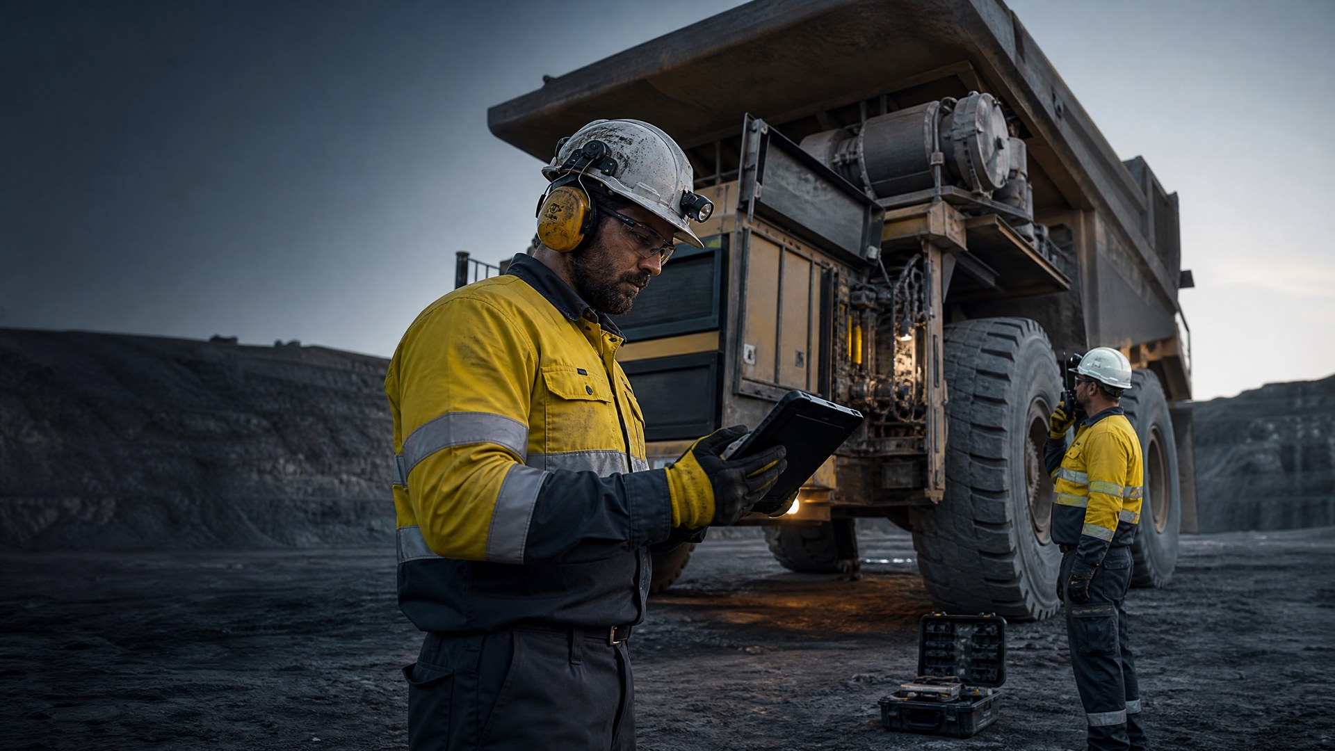 Mine technician using a rugged tablet beside a haul truck