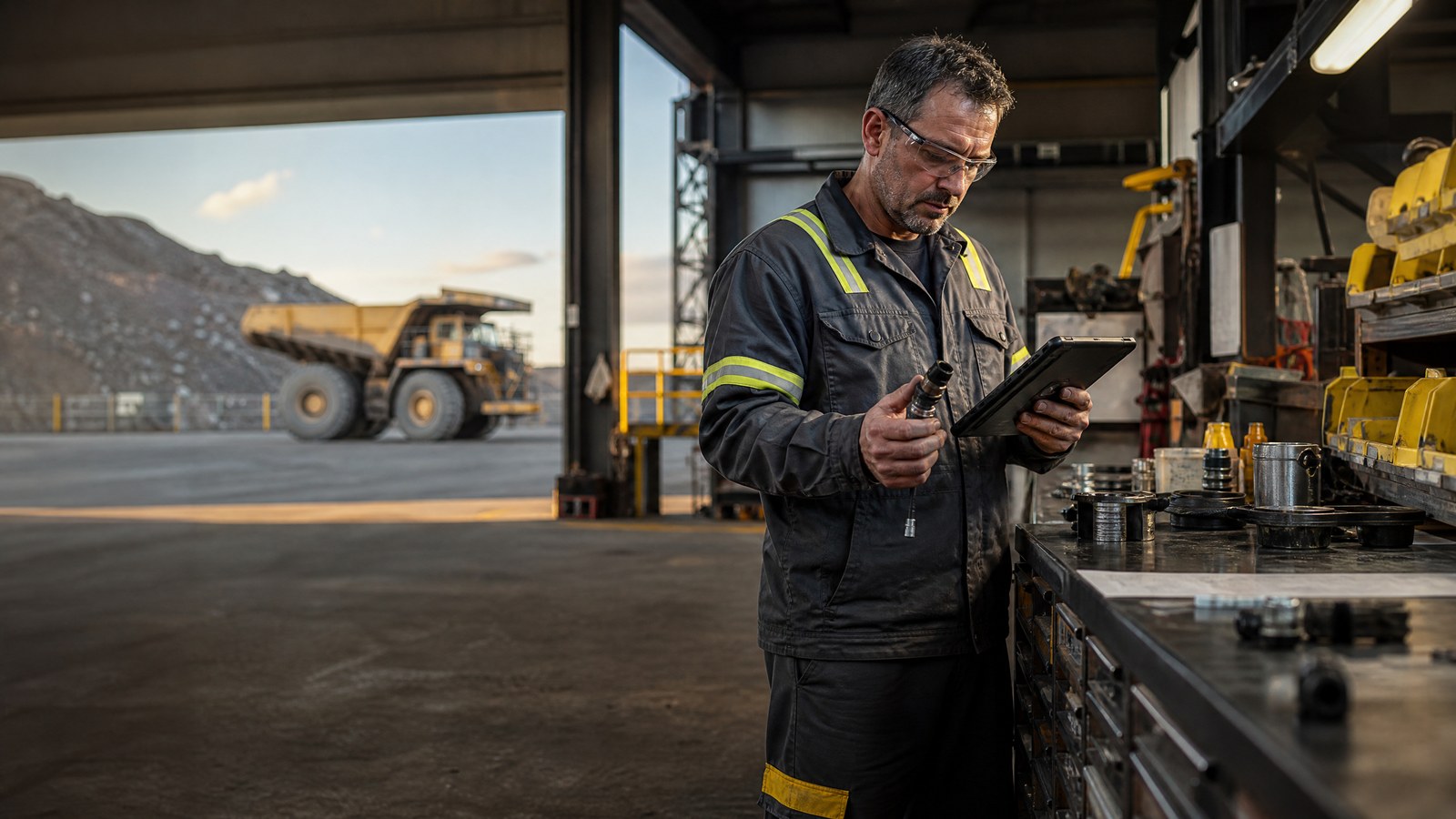 Mine technician checks a sensor beside parts stock and haul truck
