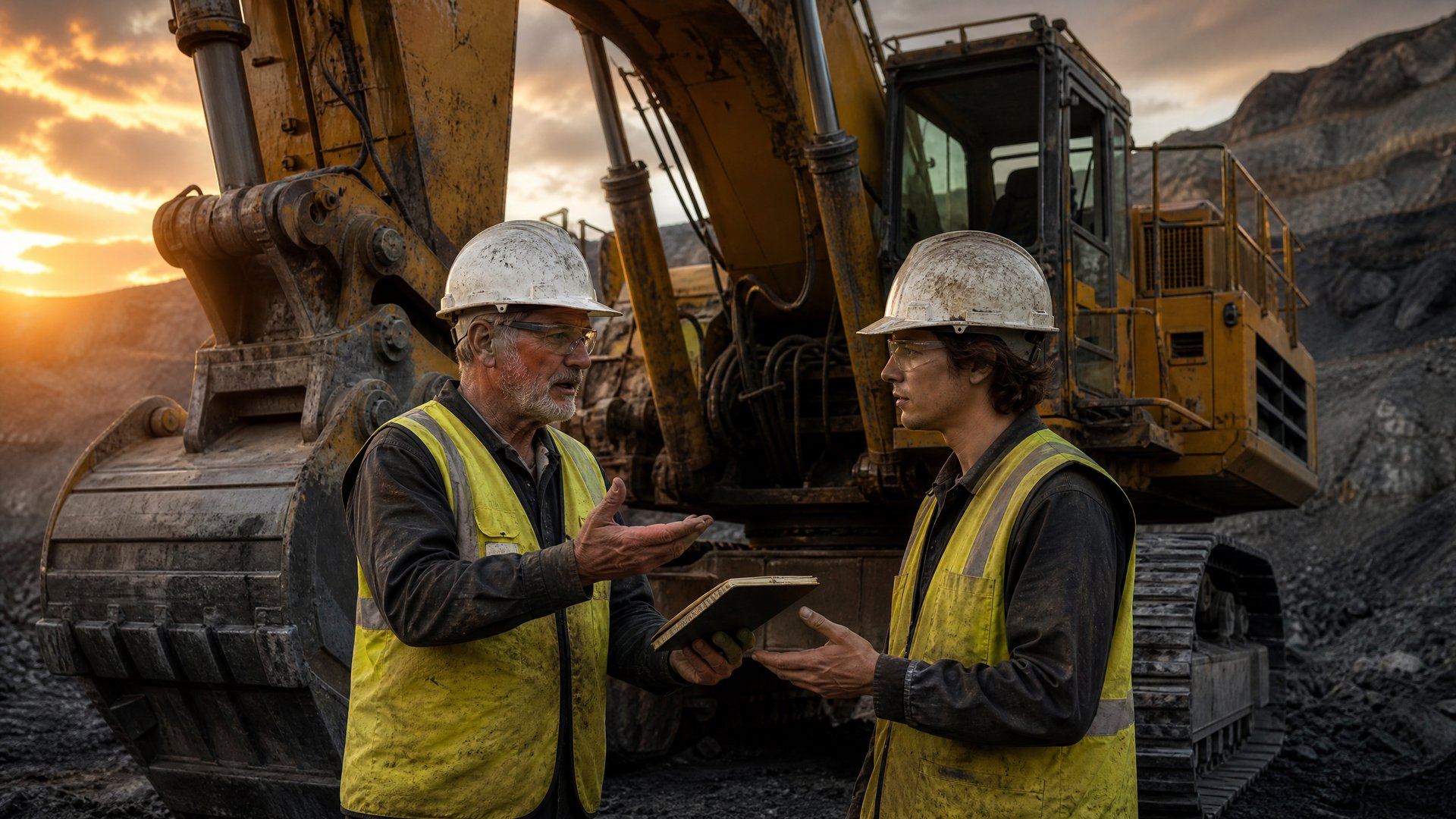Experienced mining mechanic passing knowledge to a younger apprentice beside a large excavator at an open-cut mine site at dusk