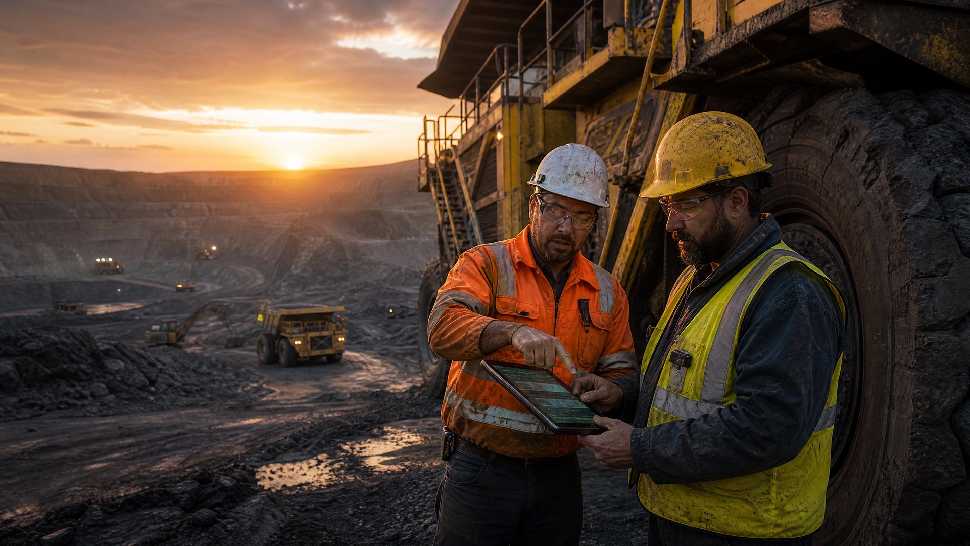 Two miners in hi-vis review tablet data near a haul truck at dusk.
