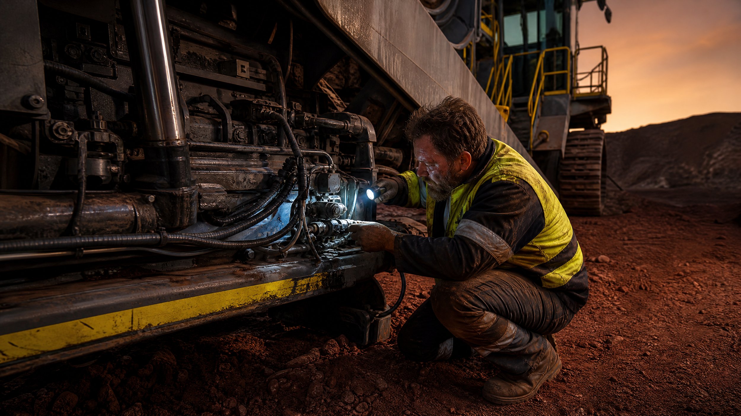 A heavy equipment mechanic inspects custom hydraulic modifications on a large mining excavator at dusk on an Australian mine site