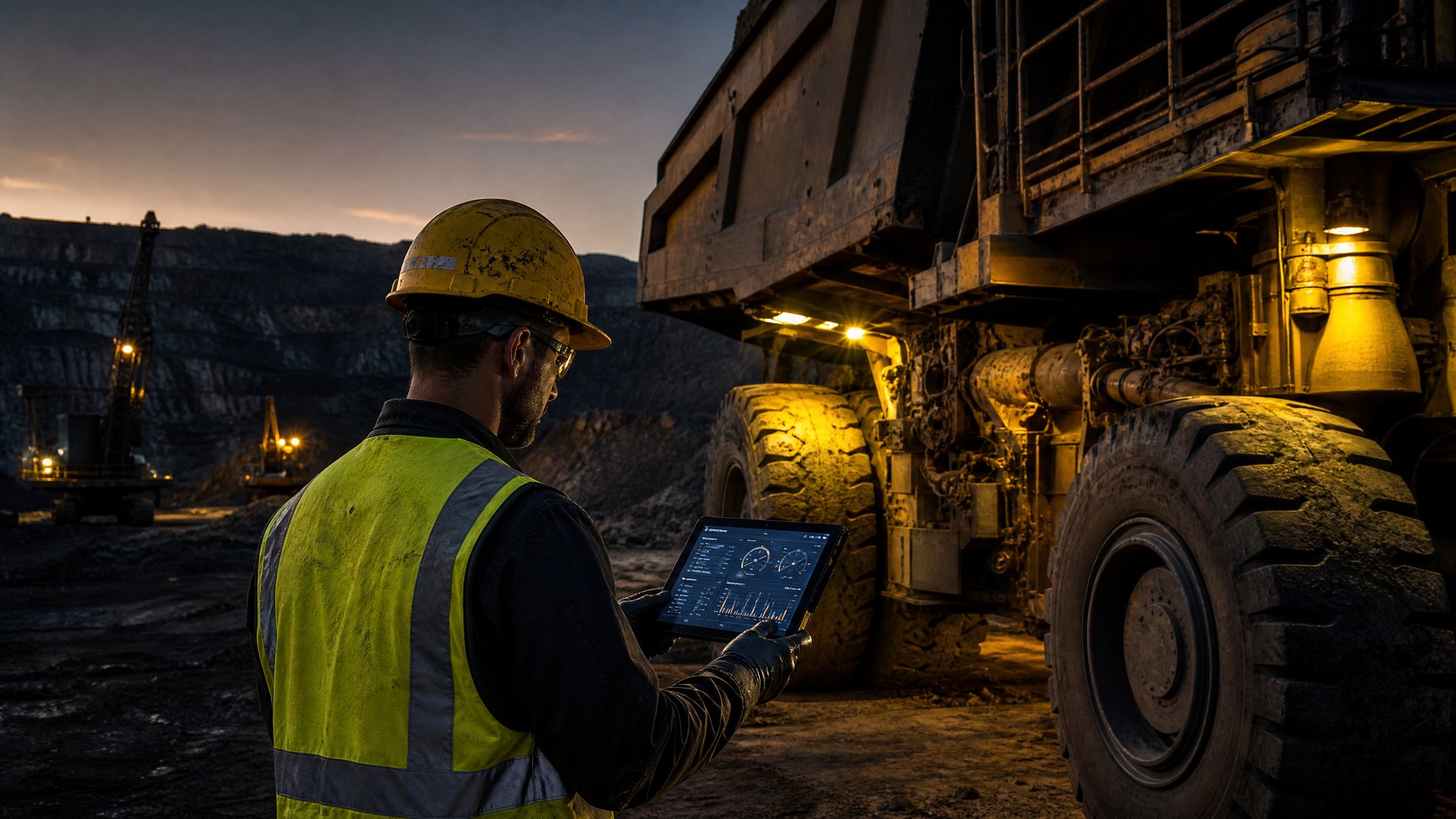 A mine site maintenance technician reviews predictive diagnostic data on a rugged tablet beside a large haul truck at dusk