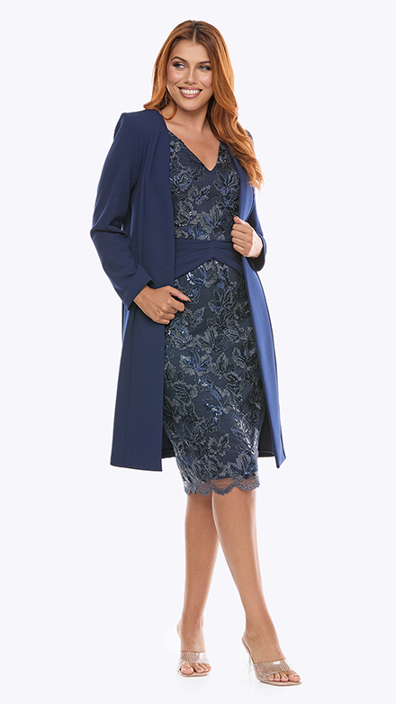 embroidered sequin lace dress with stretch crepe jacket