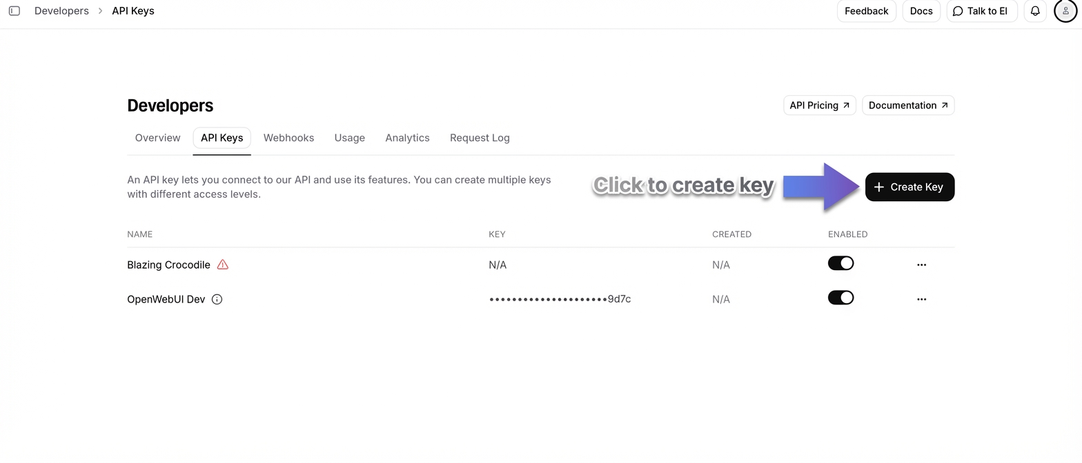 ElevenLabs API Keys page with arrow pointing to Create Key button