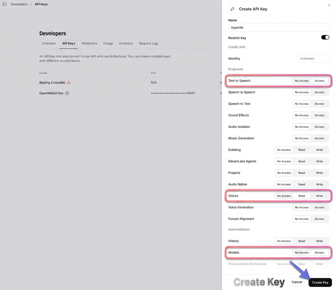 ElevenLabs Create API Key dialog showing required permissions highlighted