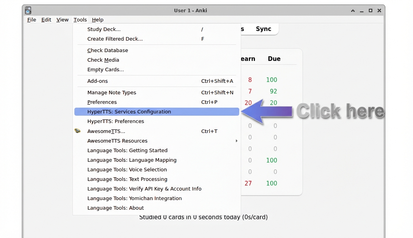 Anki Tools menu with HyperTTS Services Configuration highlighted
