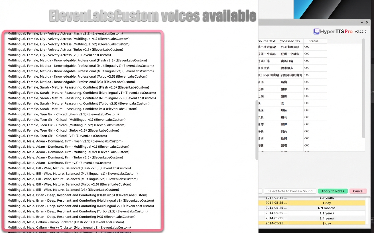 HyperTTS voice list showing ElevenLabsCustom voices