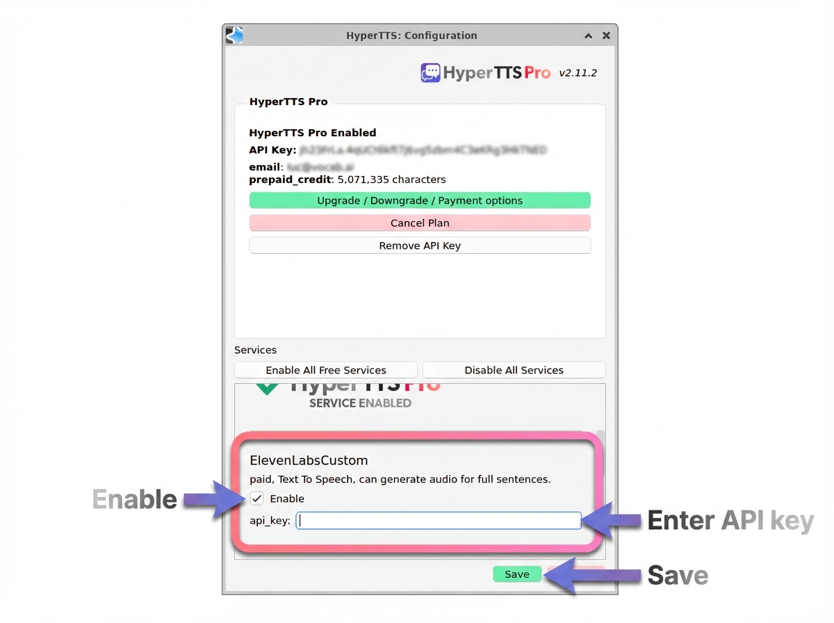 HyperTTS Services Configuration with ElevenLabsCustom section highlighted