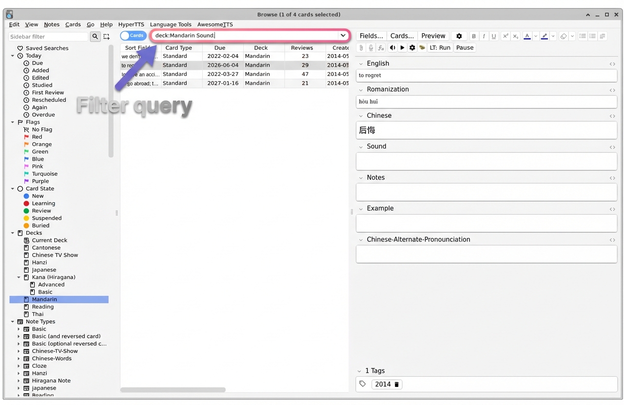 Anki Browser with filter query showing only cards without audio