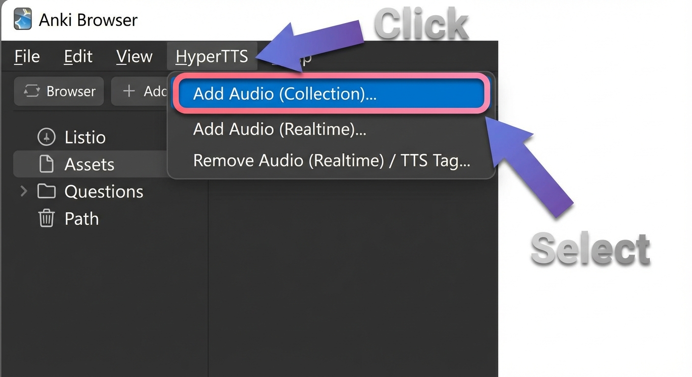 Anki Browser with HyperTTS menu open showing Add Audio Collection option