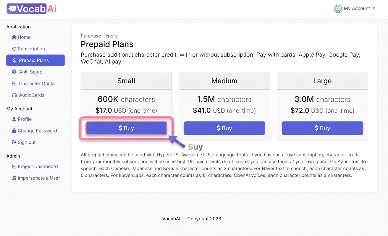 VocabAi Prepaid Plans page showing one-time purchase options with Buy button highlighted