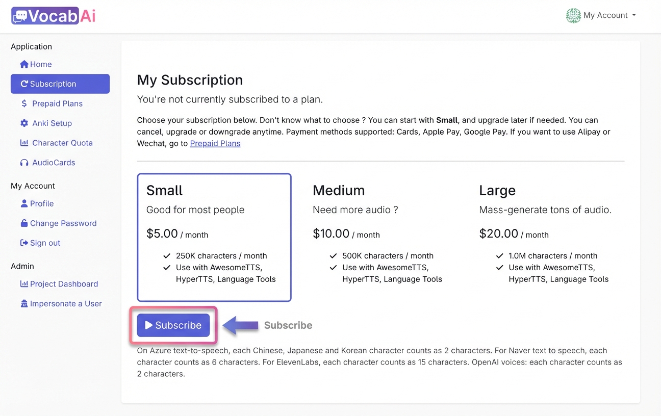 VocabAi Subscriptions page showing monthly plans with Subscribe button highlighted