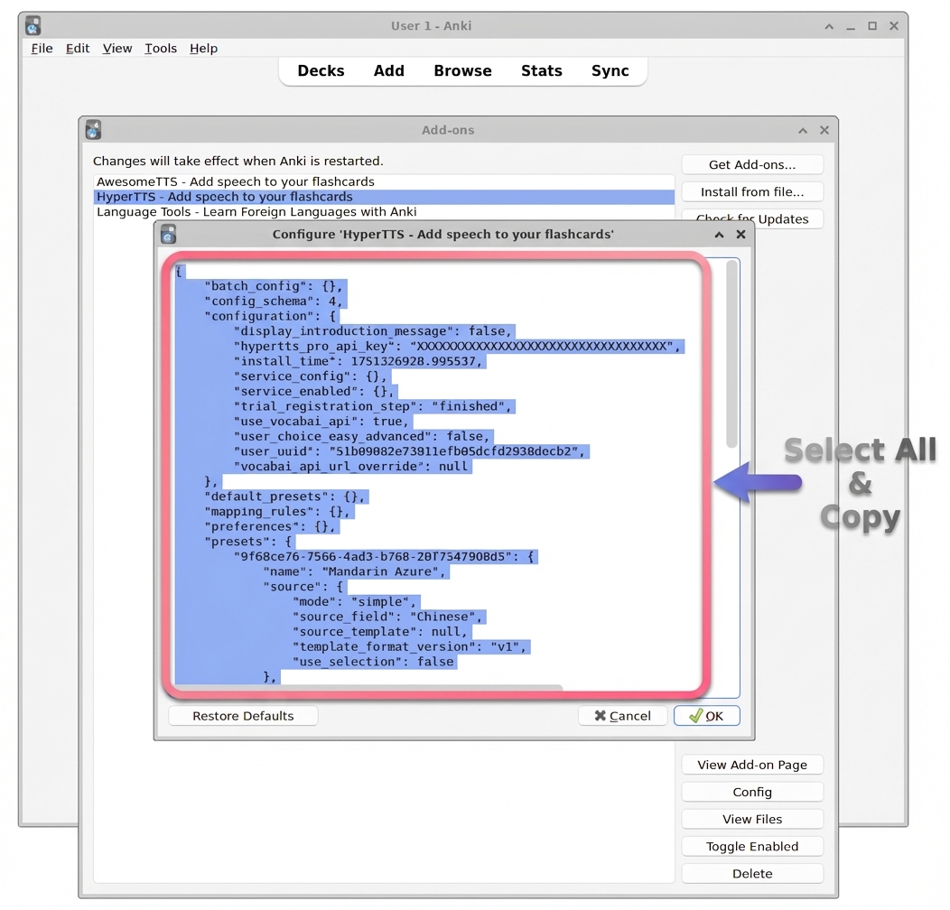 HyperTTS configuration window with all text selected