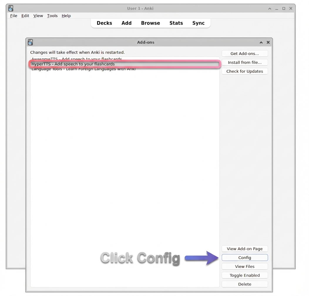 Add-ons window with HyperTTS selected and Config button highlighted