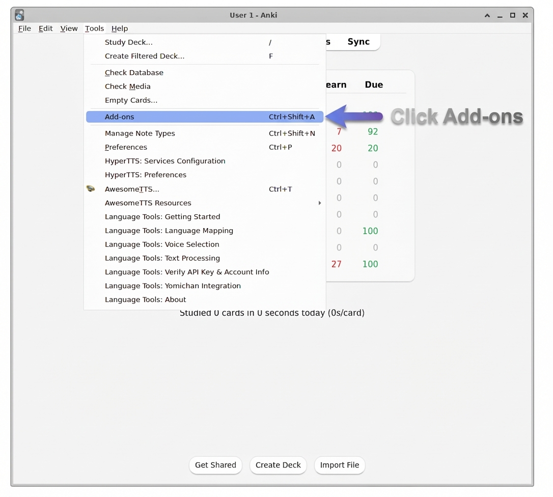 Anki Tools menu with Add-ons highlighted