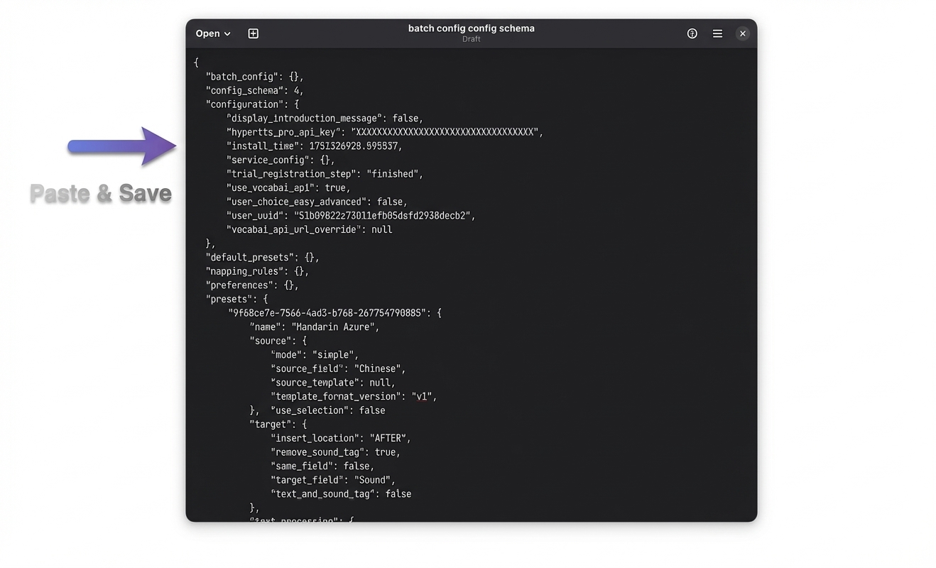 Text editor with HyperTTS configuration pasted and ready to save