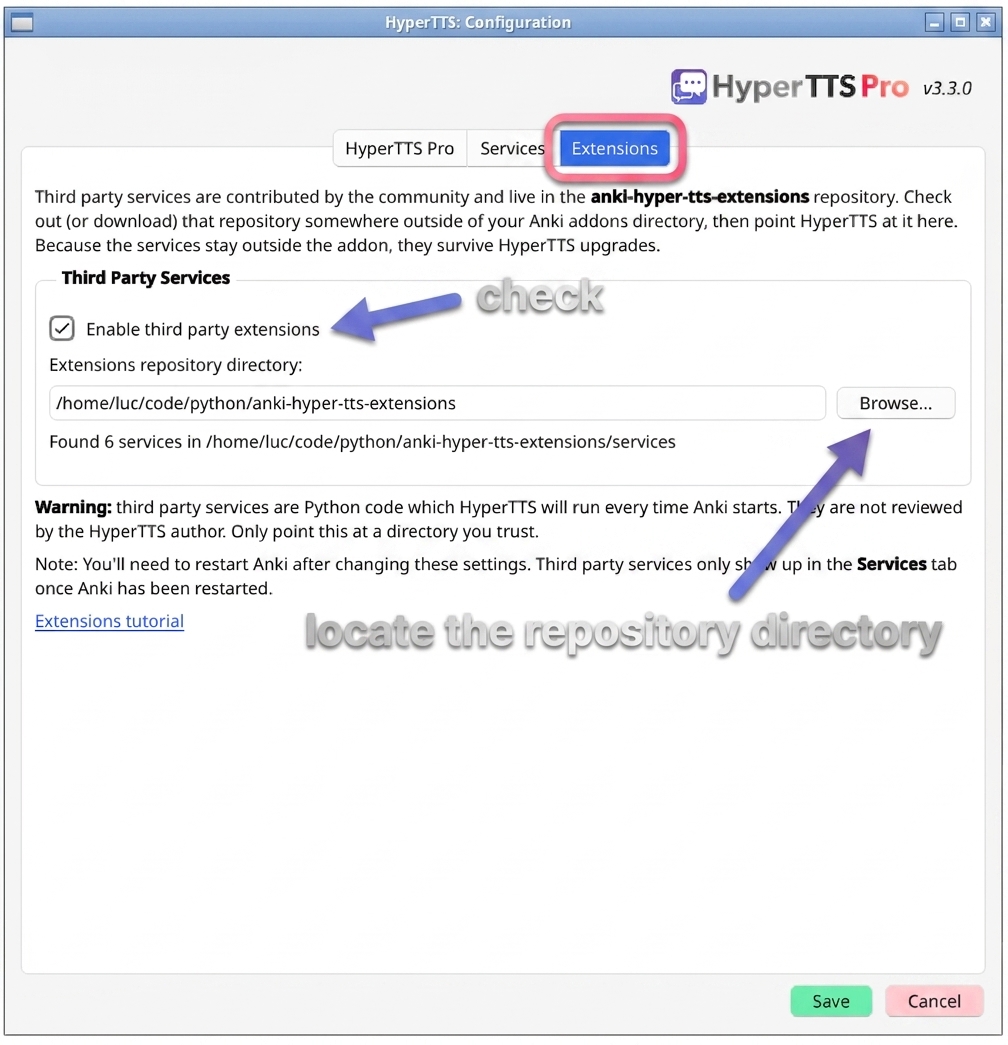 HyperTTS Configuration dialog on the Extensions tab, with the Enable third party extensions checkbox and the Browse button highlighted
