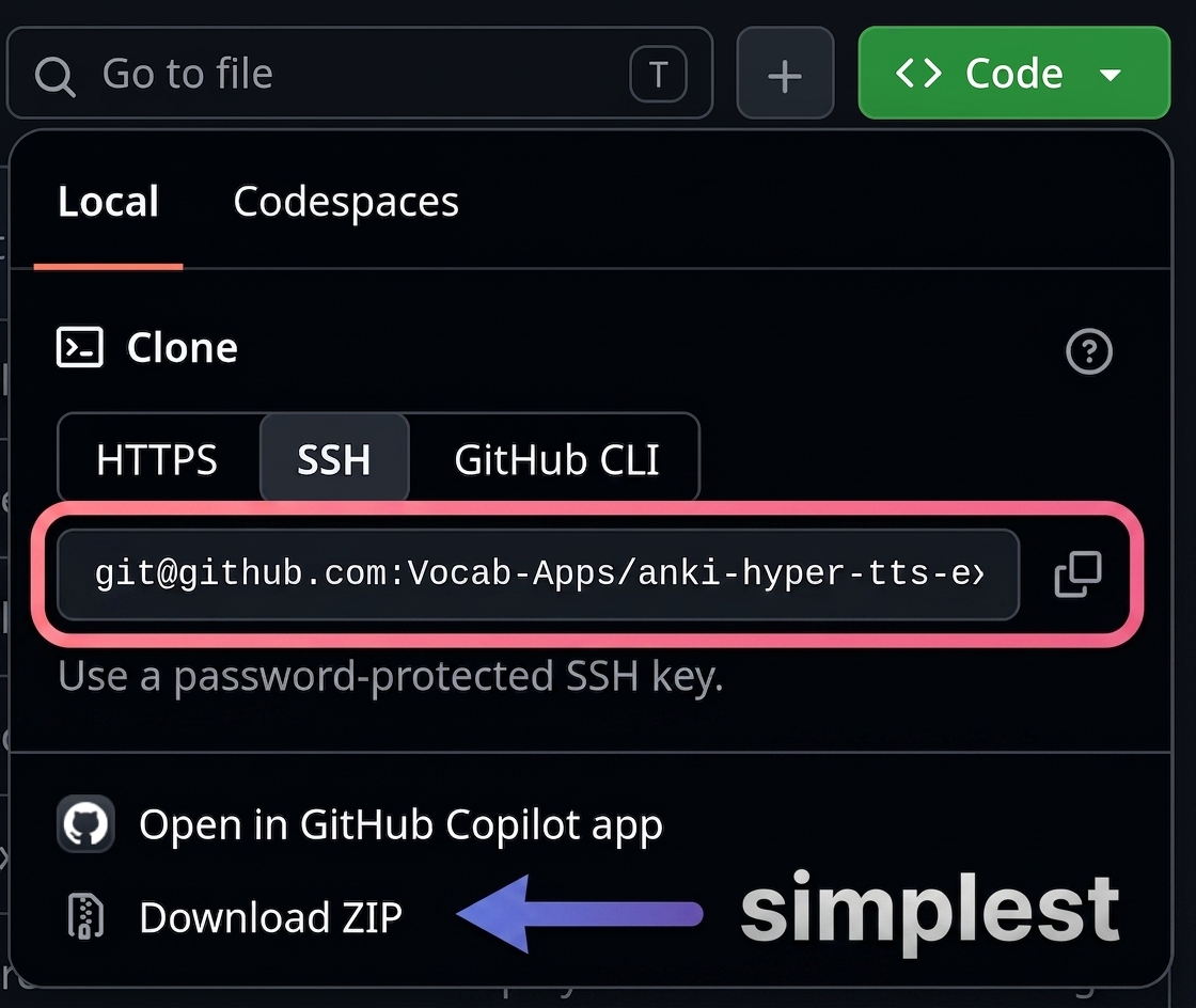 GitHub Code dropdown menu with the clone URL outlined and an arrow pointing at the Download ZIP option