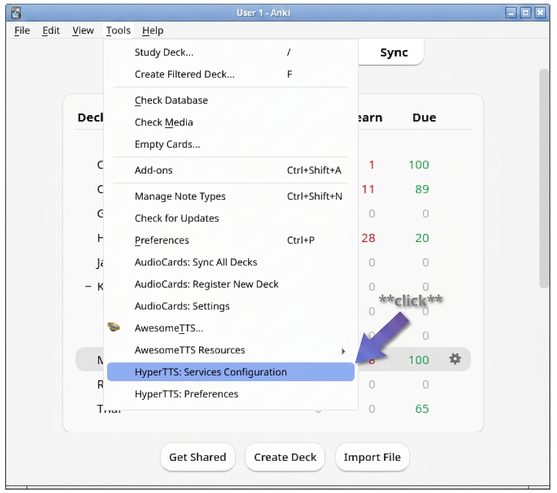 Anki Tools menu open with the HyperTTS: Services Configuration entry highlighted