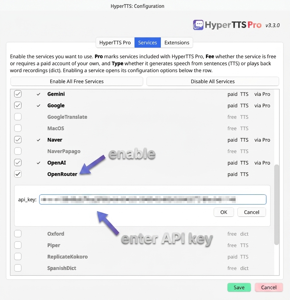HyperTTS Configuration dialog on the Services tab, with an arrow pointing at the OpenRouter checkbox and another at the api_key field