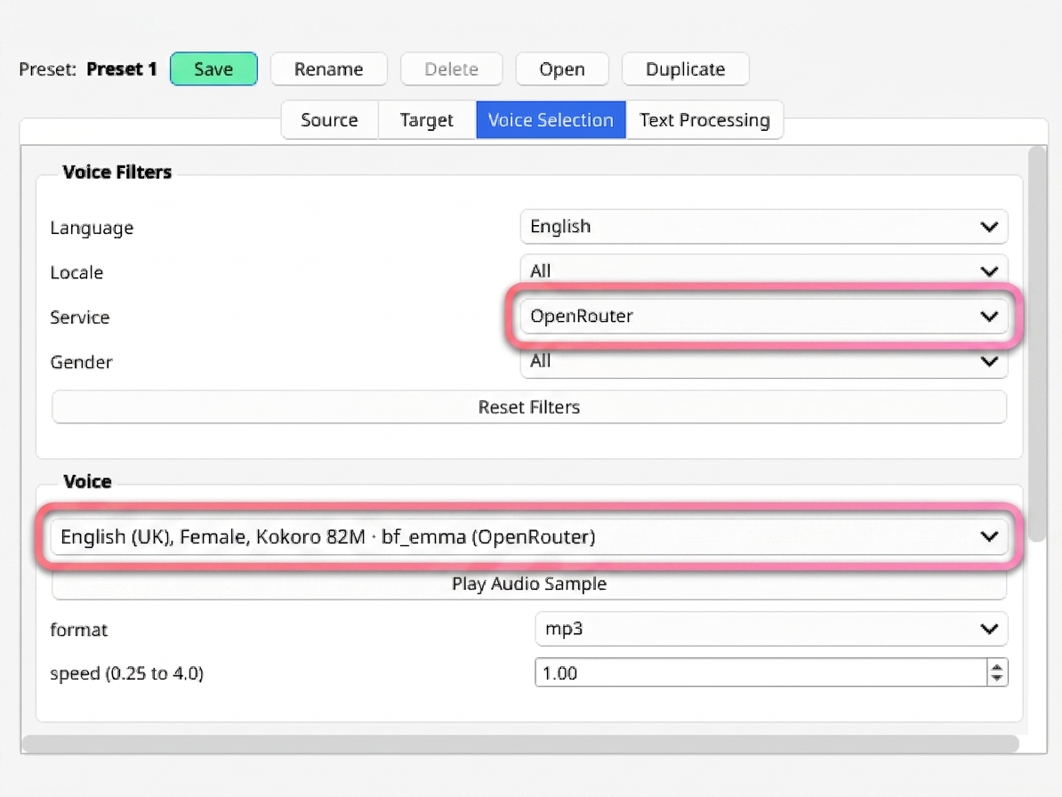 HyperTTS Add Audio dialog on the Voice Selection tab, with the Service filter and the voice dropdown outlined