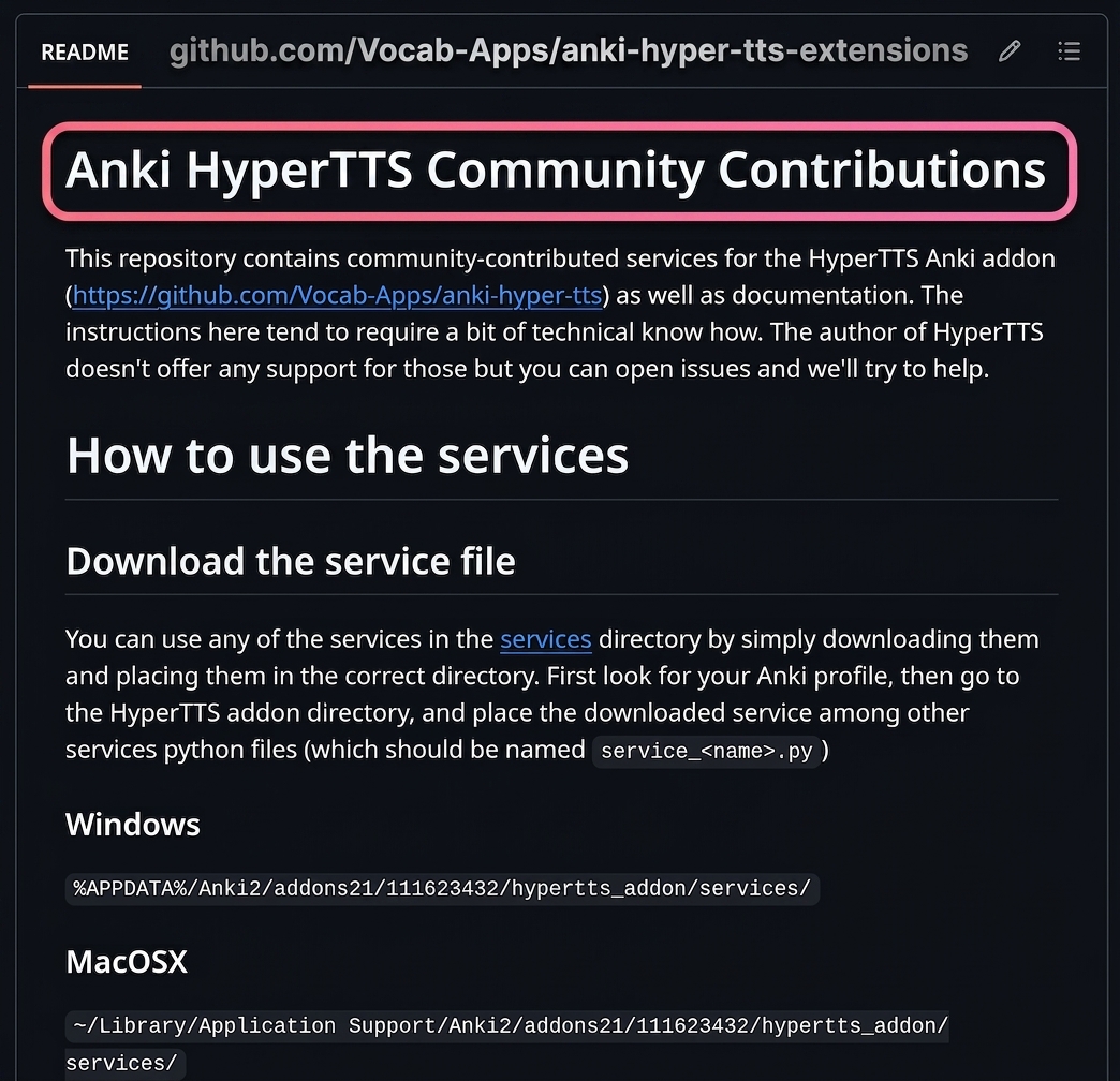 GitHub page for the anki-hyper-tts-extensions repository, showing the Anki HyperTTS Community Contributions README
