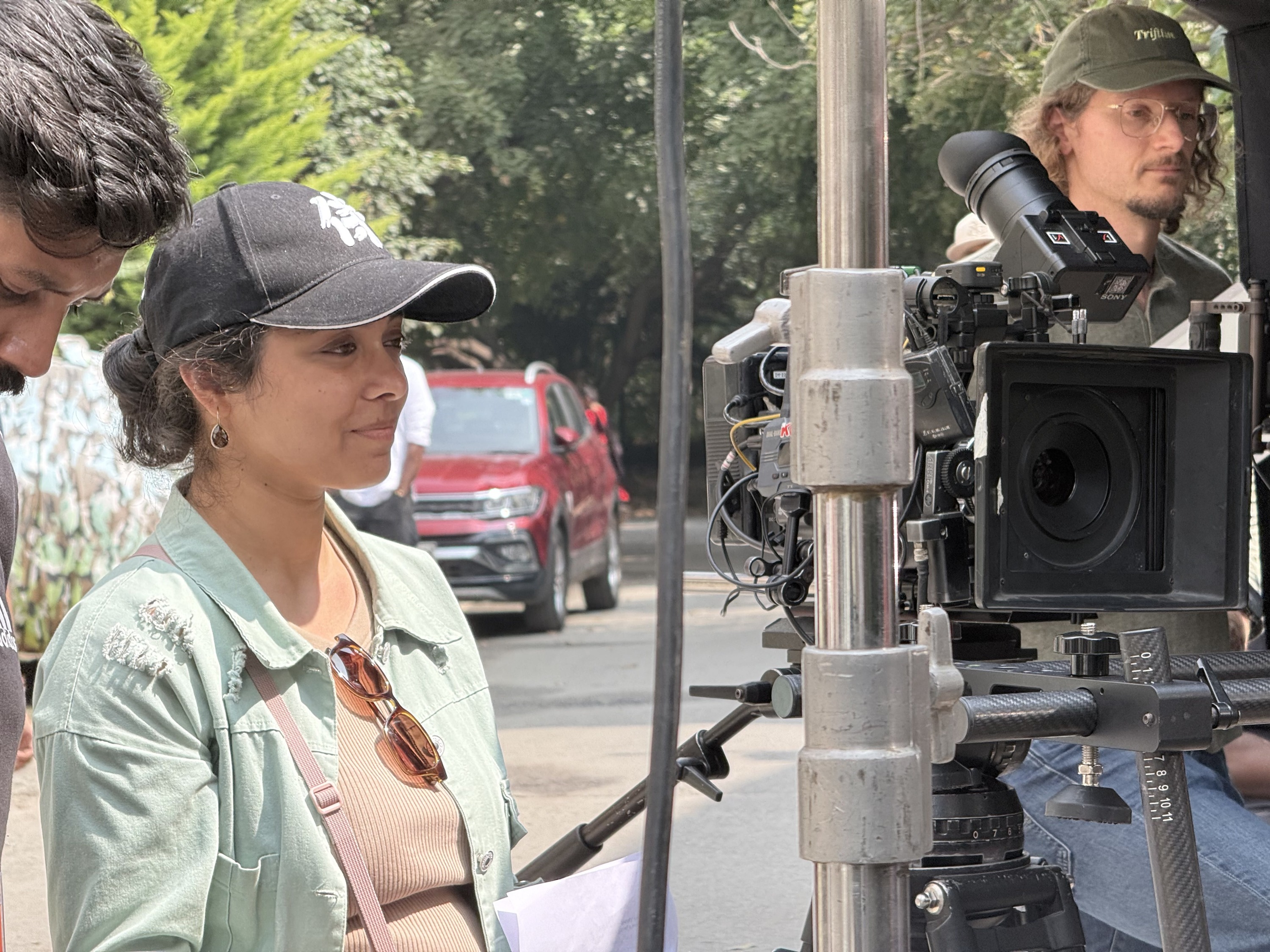 Crew and camera rig during an outdoor shoot