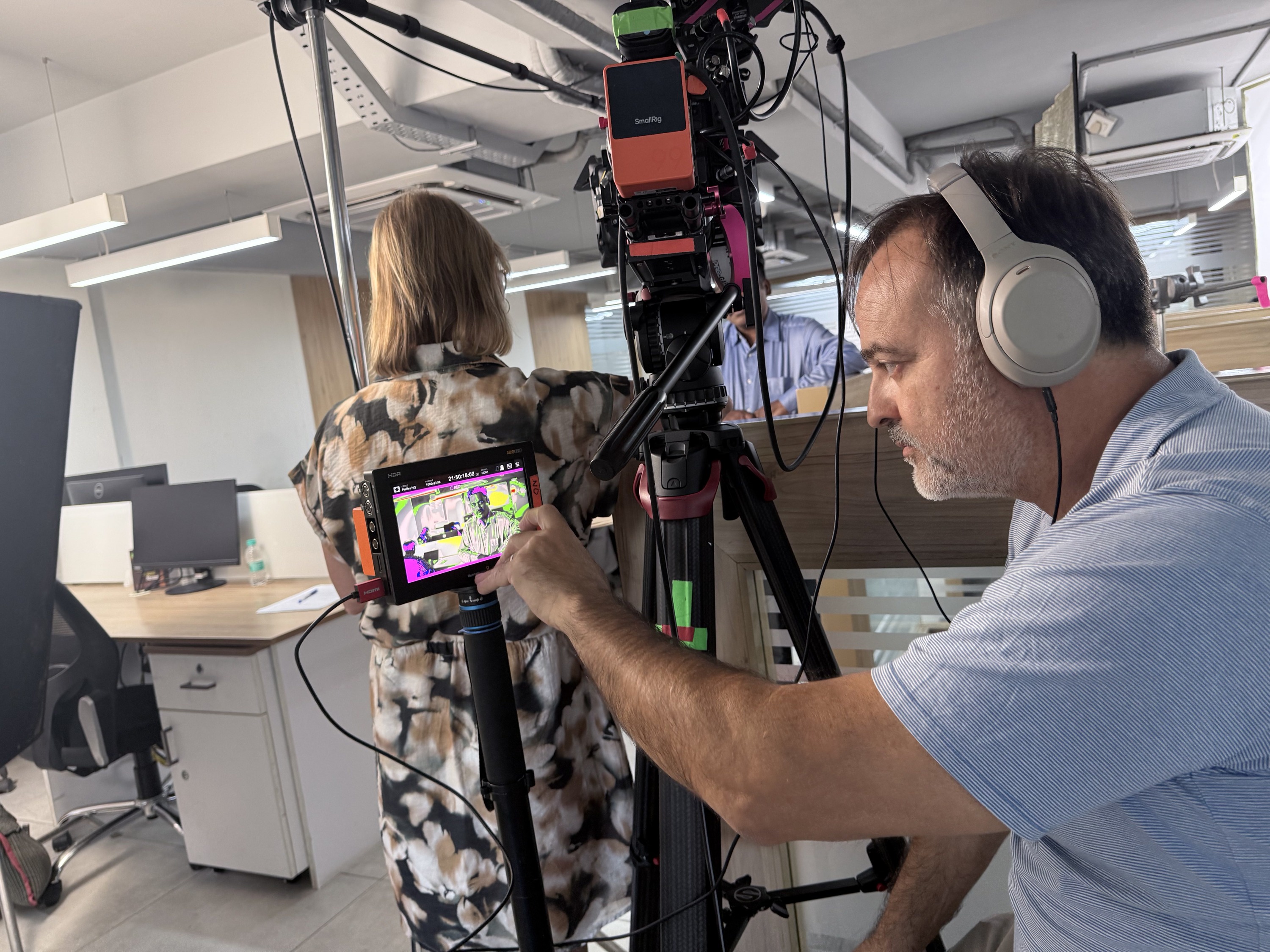 Camera and monitor setup on an indoor shoot