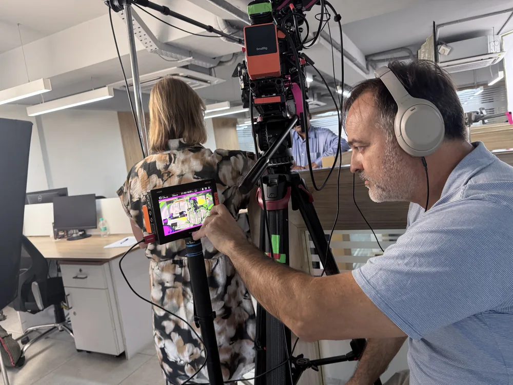 Camera and monitor setup on an indoor shoot