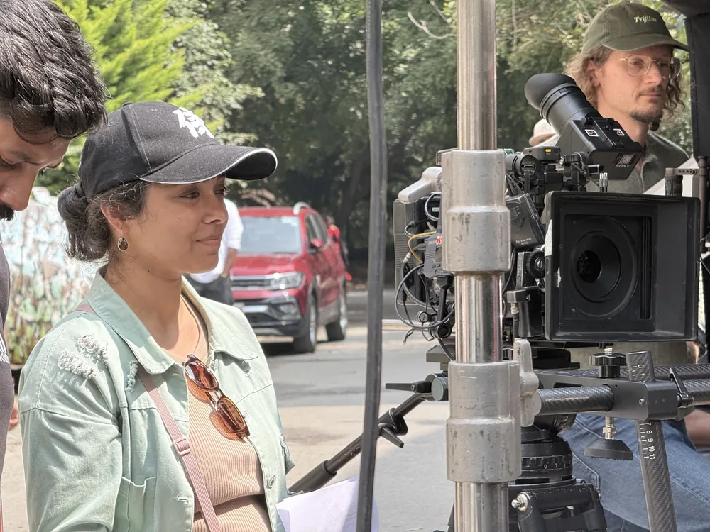 Crew and camera rig during an outdoor shoot