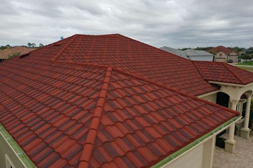Aerial shot of Stone Coated Steel Roof work
