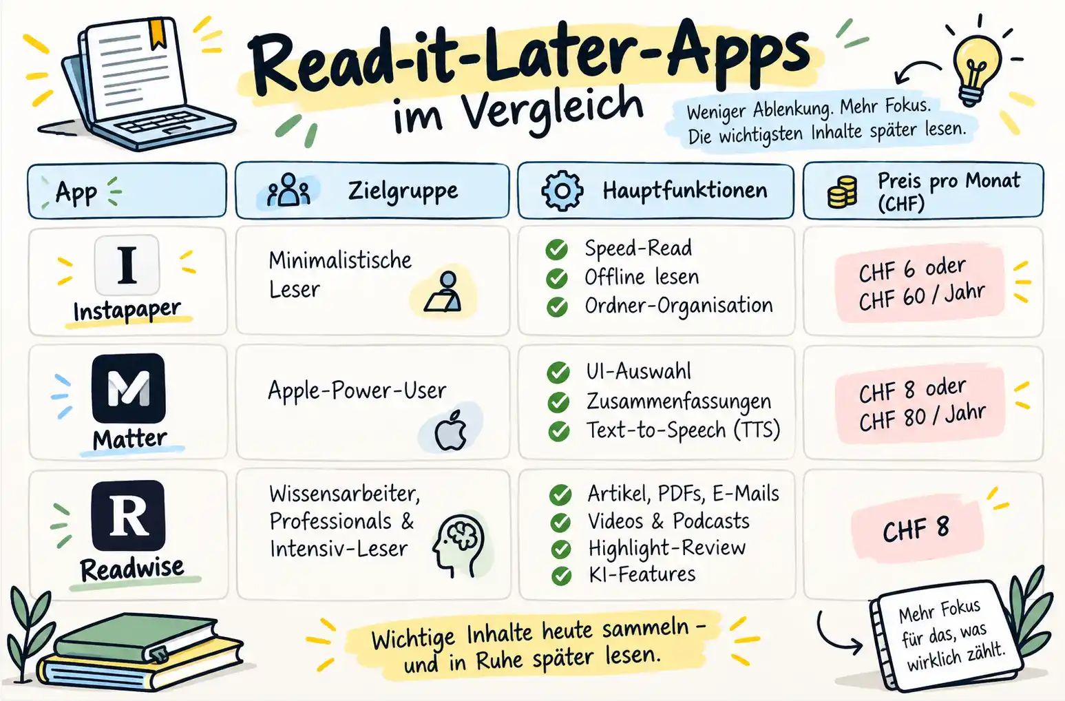Read-it-Later-App-Vergleich zwischen Instapaper, matter und Readwise