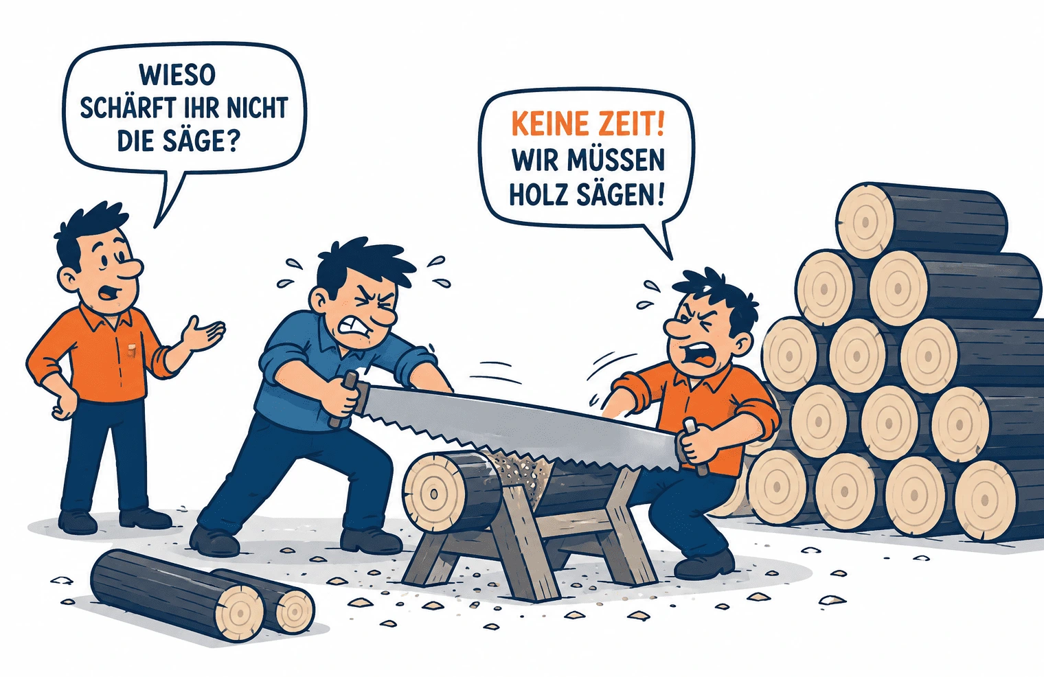 Zwei Personen sägen mit einer stumpfen Säge an einem Baumstamm. Auf die Frage, warum sie die Säge nicht schärfen, antworten sie: keine Zeit, wir müssen Holz sägen.