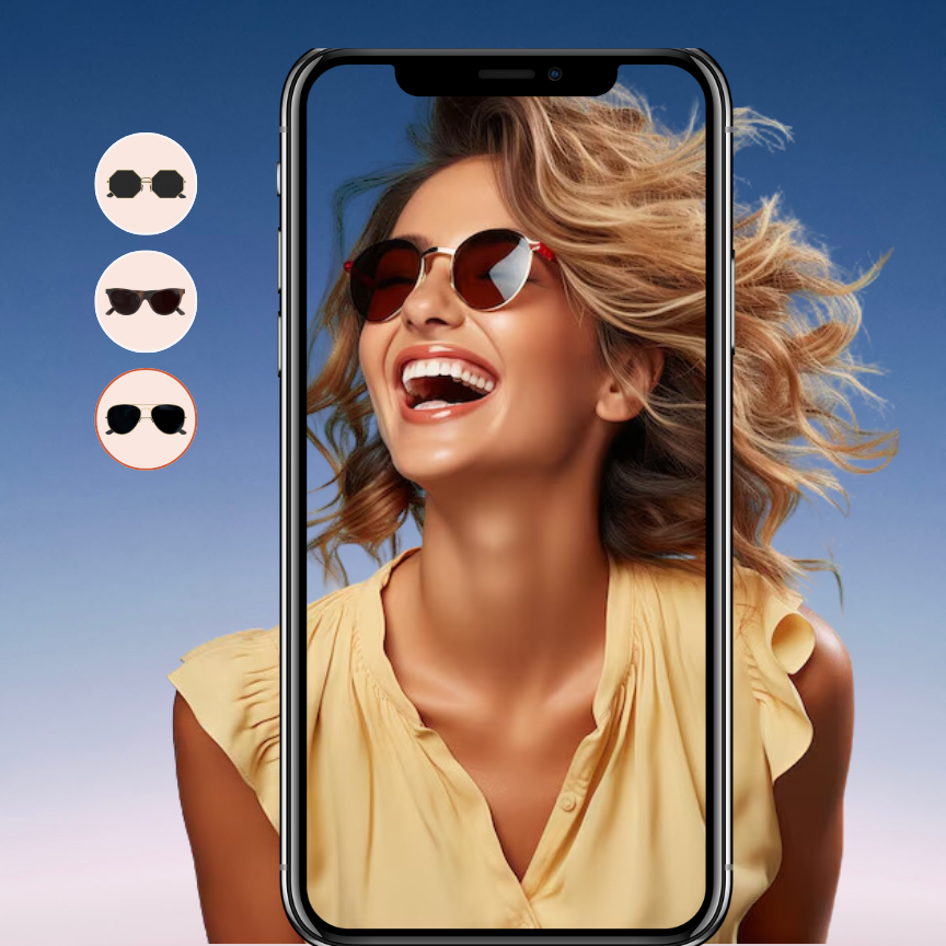 Woman trying different sunglasses styles through a virtual try-on app on a smartphone, smiling under a clear sky, showcasing modern eyewear shopping technology.