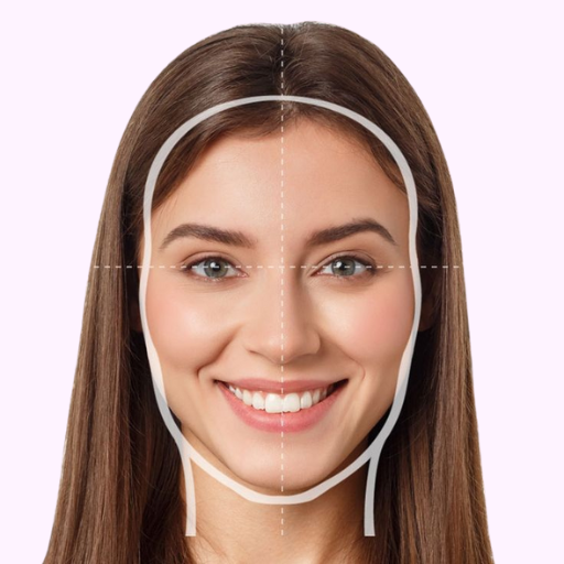 Smiling woman with symmetrical face markings demonstrating face shape analysis for personalized eyewear recommendations on a light background.