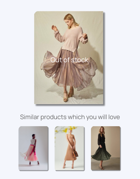 Fashion product marked out of stock with AI-powered visual search recommending similar outfits for personalized shopping.