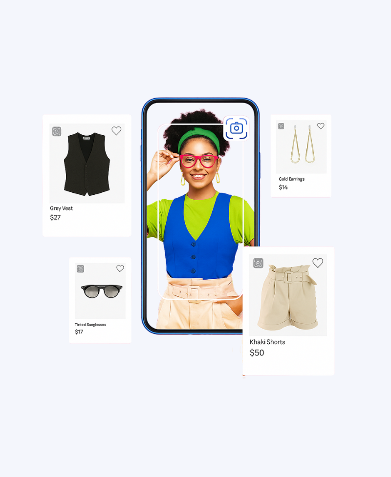 Young woman using AI visual search on phone to identify and shop matching fashion items like sunglasses, vest, earrings, and khaki shorts.