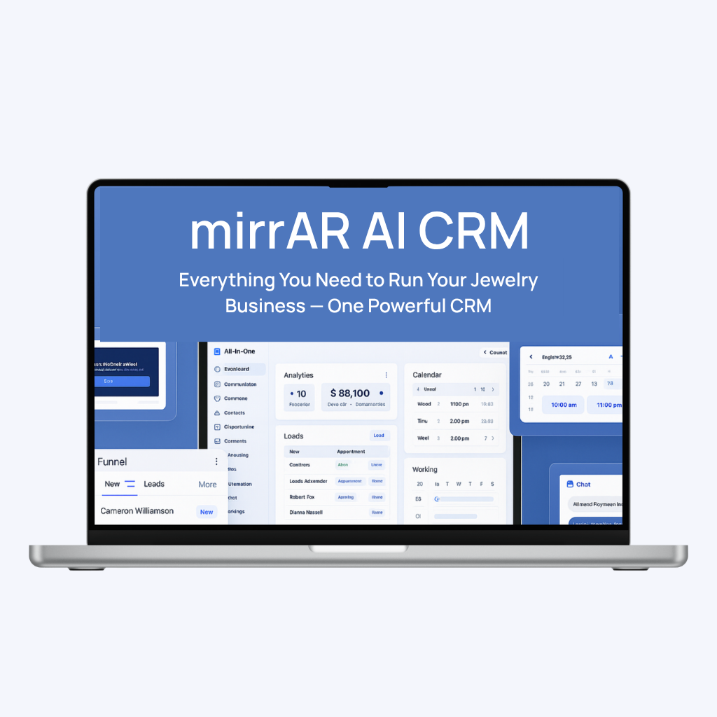 mirrAR AI CRM dashboard displayed on laptop — all-in-one customer relationship management software for jewelry businesses with calendar, funnel, analytics, and chat features.